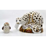 Snow Leopard boxed Royal Crown Derby, Gold stopper paperweight, along with an Owl