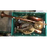 A collection of brass and copper including pistol shaped wall plaques; barley twist candlesticks,