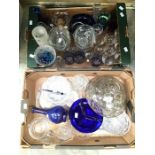 A collection of cut, moulded and pressed glass including blue flashed tumblers, clear serving