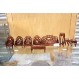 Mother of pearl inlaid wooden dolls house furniture, 9 pieces approx