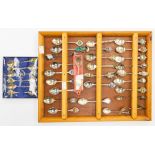 A collection of plate/EPNS/chromed and white metal souvenir spoons, on modern mount frame with a