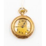 A 14ct gold ladies open faced pocket watch, stamped 14k, gold tone dial, Roman numerals, chased