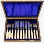 A cased set of six fish eating knives and forks with silver blades, Sheffield 1920, maker John