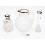 Silver rimmed lemonade jug, London 1893,  large silver top scent bottle, small silver top scent