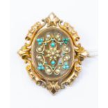 A large Victorian yellow metal, turquoise and pearl brooch, with a glazed compartment to verso,