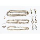 A collection of silver jewellery to include two pairs of moonstone drop earrings, a mother of