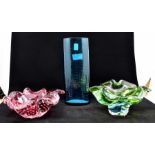 Studio glass, pink clover bowl, green lily bowl, and blue glass Continental signed on base