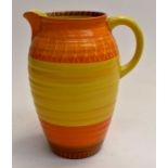 A Shelley Art Deco hand painted water jug, ribbed body, hand painted with orange bands on a yellow