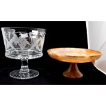 Crystal/mineral cake stand, glass fruit bowl, glass etched grape bowl, and two ruby glass items