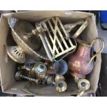A collection of assorted brass ware, including a pair of Victorian brass candlesticks, a 19th