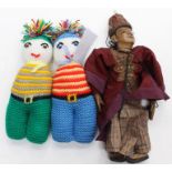 Burmese hand puppet and two knitted wool dolls