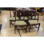 George III set of five dining chairs, serpentine front, one of which is a carver, green padded seats