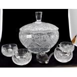Cut glass crystal punch bowl with punch glass and ladle with lid Condition: One cup has a chip,
