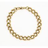 An unmarked yellow metal (assessed as 9ct gold)  fancy curb link bracelet with overlaid loop