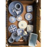 A collection of Wedgwood Jasper Wares, including bowls, vases, large and small sizes, rose bowl