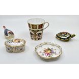 Collection of Royal Crown Derby items, two paperweights 1128 mug, trinket dish and pin dish