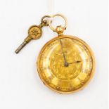 An 18ct gold open faced pocket watch, gold tone foliate decorated dial, diameter approx. 37mm,