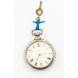 A silver pear case pocket watch, enamel dial approx. 45mm,  Roman numerals with gold tone hands,