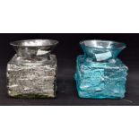 Pair of small Whitefriar's open neck vases, one aqua and one grey in colour
