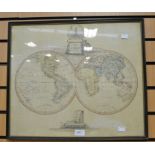 A 19th-century manuscript map of the world, double hemisphere, ink & watercolour, inscribed, '