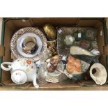 Character jugs, paperweights, painted china, teapot, plated dish and glass, parcel lot (one box)