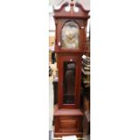 A 20th Century longcase 30-day clock, scrolled cornice centred with a turned finials, 30-day dial on