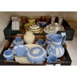 A Wedgwood Jasper Ware collection comprising jug, trinket box, yellow jar and cover, a yellow plate,