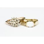 A diamond and  9ct gold cluster ring, size Q, along with an opal type and 9ct gold dress ring,