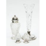 A glass and silver sugar castor, Sheffield 1907, together with a cut glass and silver hallmarked