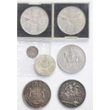 A Victoria 1893 silver Crown, a George VI 1937 Crown, a 1996 Two Pound coin, an Edward VII silver