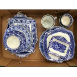 A mixed group of blue and white transfer-printed 20th century ceramics to include: Eight plates,