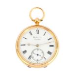 J.W Benson 18ct gold open faced pocket watch, white enamel dial, diameter approx. 40mm, numerals,