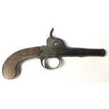 A Percussion cap pocket pistol by Joyner of London. 75mm long barrel. Butt is inlaid with silver