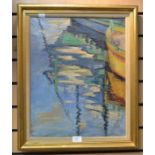Peter John Garrard, 1929-2004, "Reflections", Mgarr Harbour, abstract scene depicting boat in a