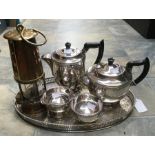 An Eccles Miners Lamp, together with a five piece silver plated Viners Tea Set. (6)