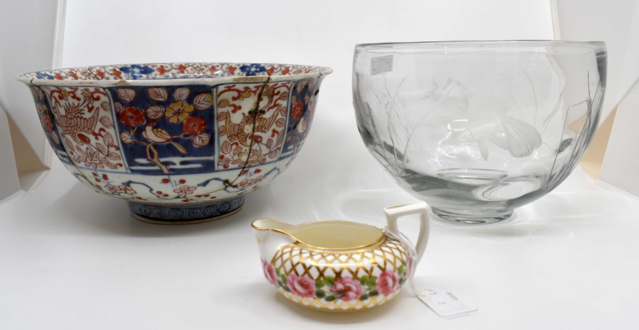 A large Chinese bowl (af); a glass 'fish' bowl; and an S&H Derby jug painted with roses (af) (3)