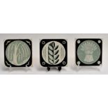 3 Carter tiles by Poole pottery with green and black harvest relating decoration. designed by