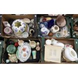 Four boxes of assorted ceramics, glass wares, including teapots, vases, jugs, mostly transfer