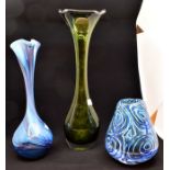 Two tall long neck vases, blue and green in colour along with a Dale glass vase