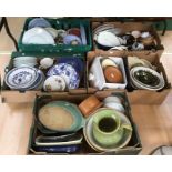 Five boxes of miscellaneous Kitchen earthenware including Masons' mixing bowls, various serving