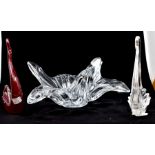 Clear and ruby glass, Whitefriar's swans, white French art glass bowl