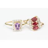 A 9ct gold amethyst and diamond ring, size Y, approx 2.4gms; and a 9ct gold, garnet and white