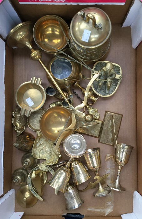 A collection of brass and copperware including set of six goblets, weighing scales, figure rowing,
