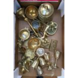 A collection of brass and copperware including set of six goblets, weighing scales, figure rowing,