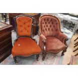 Two Victorian mahogany chairs, gents padded armchair, along with a ladies chair, both on castors