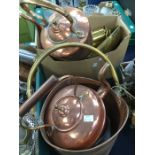Brass miners lamp, copper kettles, scales and coal scuttle