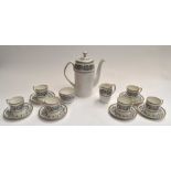 A Shelley Black Grecian Scroll coffee service, comprising coffee pot, six coffee cans and saucers,