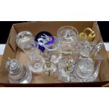 A collection of assorted glass ware, including miniature glass clock, various coloured paperweights,