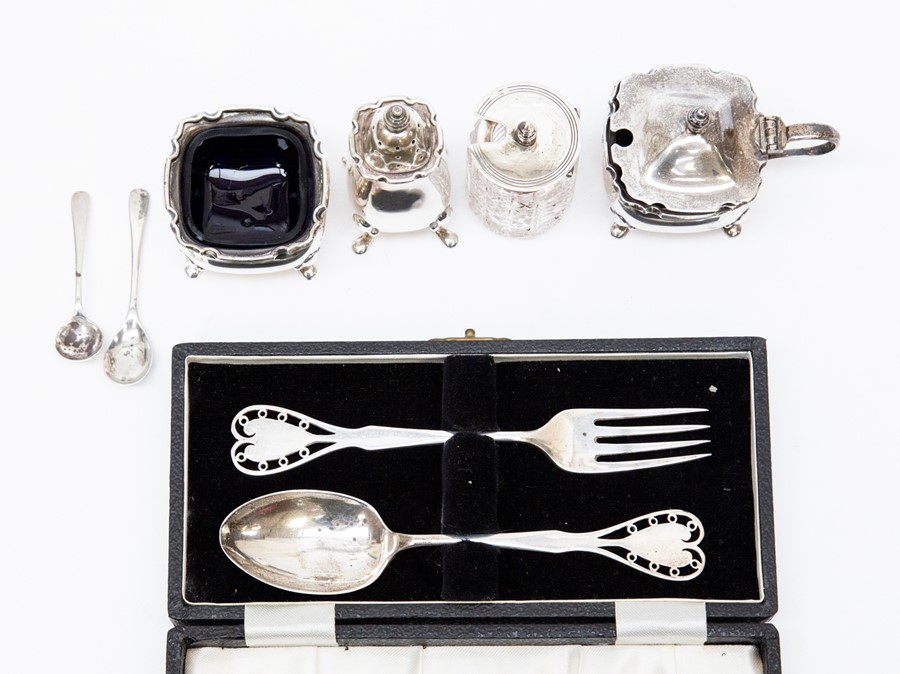 Birmingham silver condiment set 1961 along with silver topped glass mustard pot and cased