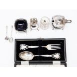 Birmingham silver condiment set 1961 along with silver topped glass mustard pot and cased